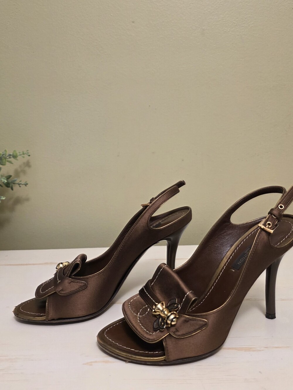 Louis Vuitton | Brown Satin Peep-Toe Slingback Heels with Gold Accent Sz 35 1/2